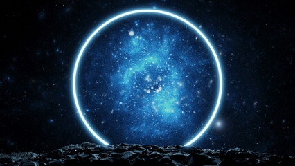 Wall Mural - new worlds of galaxies panorama, fantasy portal to far universe. space exploration, round gateway to