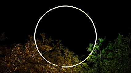 Wall Mural - luminous circle ring in foliage of tree branches on black background. neon glow illumination, place 