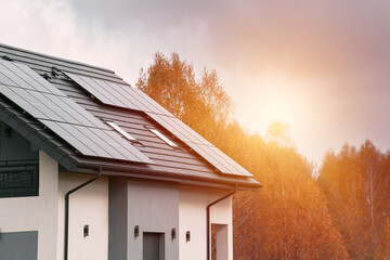 Canvas Print - A Photo of a Modern Home with Solar Panels and Autumn Trees. A Showcase of Sustainable Living. A Sustainable and Eco-friendly Home Design.