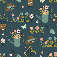 Wall Mural - Seamless garden spring pattern with watering cans, flowers, shovels, hats. Vector graphics.