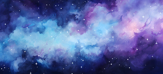 Sticker - Watercolor blue sky color background with clouds and sparkling. Galaxy, universe, blue watercolor background