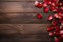 rose flower leaves on wooden background flatlay for valentines day