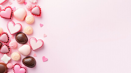 Wall Mural - Valentine's day background with chocolate candies and hearts on pink.