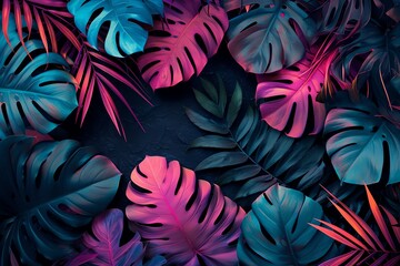 Wall Mural - Fluorescent color layout made of tropical leaves on black background