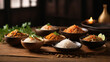 A side view shot of Rice Thai delicacies on a wooden table the natural grains of the wood complement the authenticity of the cuisine, enticing viewers to experience the fusion of flavors