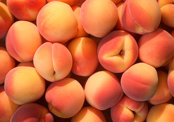 Wall Mural - Heap of fresh ripe peaches, top view