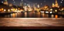 A Spacious Wooden Tabletop Overlooking An Out-of-focus Urban City Scene, Ideal For Product Display Or Digital Compositing.