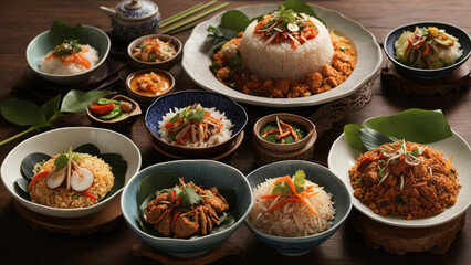 Elevate the visual feast of Rice Thai cuisine by arranging a delightful assortment of dishes on a wooden table