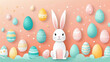 Happy Easter banner,  pastel-colored Easter eggs and a bunny figure, horizontal format 