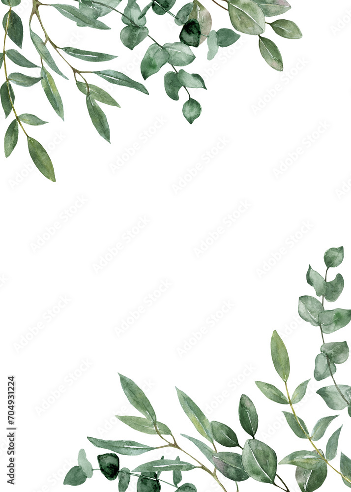 Watercolor botanical frame made of eucalyptus leaves and branches ...