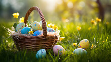Wicker Basket With Festively Decorated Easter Eggs On Sunlit Green Grass, Space For Text