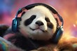  a panda bear wearing headphones laying on top of a blanket with its eyes closed and it's head resting on top of a stuffed animal.