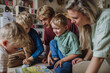 © Halfpoint - Cheerful family with three kids reading book in living room, on floor.