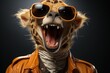  a giraffe wearing sunglasses and a leather jacket with a leather jacket on it's shoulders and a leather jacket on its back.