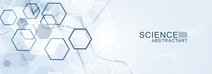 Wall Mural - modern scientific background with hexagons, lines and dots. wave flow abstract background. molecular