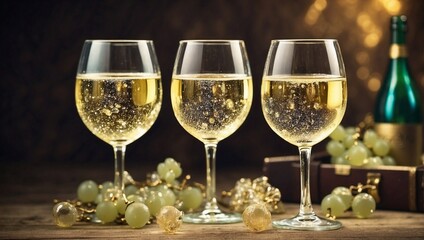 three glasses of sparkling white wine standing on the table