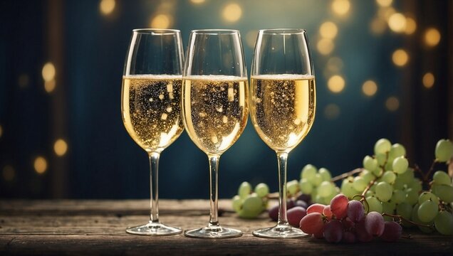three glasses of sparkling white wine standing on the table