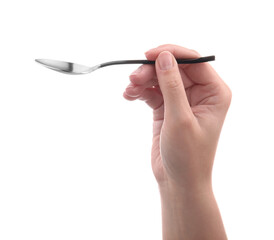 Woman holding new shiny spoon on white background, closeup