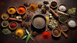 A flat lay of a gourmet chefs spice collection with assorted spices herbs mortar and pestle and olive oil on a kitchen countertop.