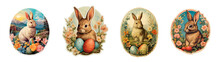 Set Of Vintage Antique Style Easter Holiday Greetings With Cute Bunnies And And Easter Eggs, Stickers Isolated On Transparent Background, Png File