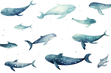 Wall Mural - Watercolor blue whale illustration isolated on white background