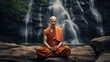 Buddha is meditating at a waterfall