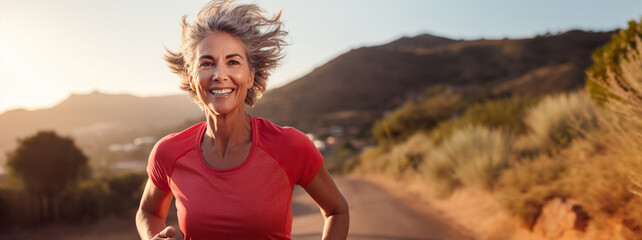 Wall Mural - Middle-aged woman joyfully jogs along a sunlit country road. Copy space