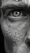 Hyper-realistic black and white cinematic photo realism highlighting the emotional gravity, closeup, eye
