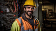 Cheerful male electrician wearing safety helmet and reflective vest at an industrial worksite, with a backdrop of complex electrical equipment.