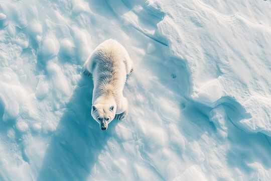 Aerial view Polar bear walking in an arctic. AI Generative