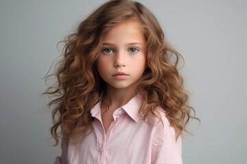 Portrait of a beautiful little girl with long curly hair in a pink shirt.