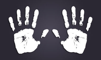Wall Mural - Vector illustration of two handprints on a dark background with a realistic shadow. Handprints with 3D effect. Vector print for your design. Vector eps 10