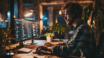 A middle-aged programmer with experience sits at a computer and does coding.