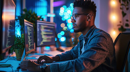 A middle-aged programmer with experience sits at a computer and does coding.