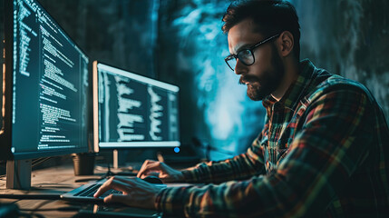 A middle-aged programmer with experience sits at a computer and does coding.