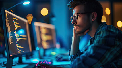 A middle-aged programmer with experience sits at a computer and does coding.