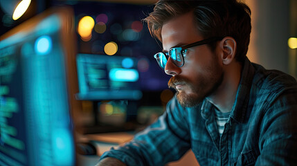 A middle-aged programmer with experience sits at a computer and does coding.