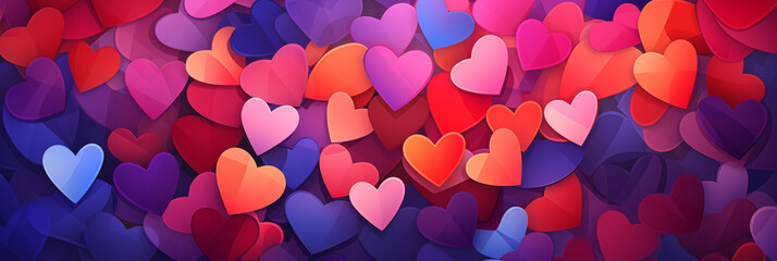 Wall Mural - Colorful hearts background banner. Valentine's Day. Panoramic web header with copy space. Wide screen wallpaper.