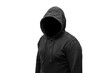 © O.Farion - Mysterious faceless hooded anonymous criminal, silhouette of computer hacker, cyber terrorist or gangster isolated on transparent background