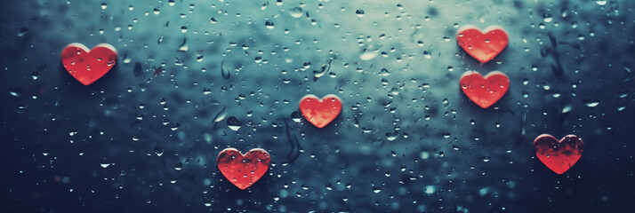 Wall Mural - Red hearts on water drops background banner. Valentine's Day. Panoramic web header with copy space. Wide screen wallpaper.