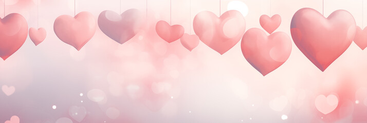Wall Mural - Pastel pink hearts pattern background banner. Valentine's Day. Panoramic web header with copy space. Wide screen wallpaper.