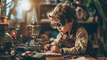 Child in an engineer's costume. Little inventor.