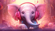 A delightful illustration of a pink elephant wear headphones