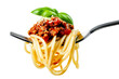 spaghetti with bolognese sauce and on fork isolated on white or transparent background. italian food