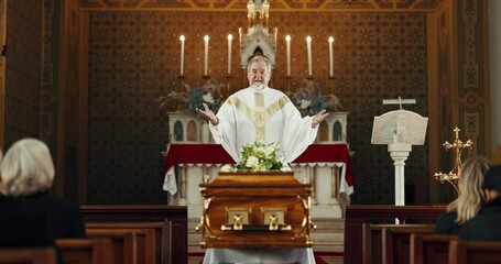 Wall Mural - Coffin, church and priest at funeral service, blessing or family to celebrate life, worship or faith. Casket, burial and memory with pastor, talk or audience of people at farewell, eulogy or religion