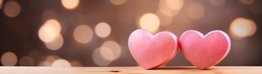 hearts on a table in front of a bokeh effect background banner for valentine day holiday card