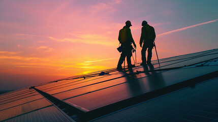 Wall Mural - Two workers installing solar panels on roof. 