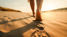 Woman's Feet Walking On The Sand Of The Beach At Sunset. Travel Concept. Created With AI.