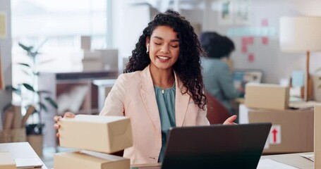 Canvas Print - Laptop, small business and woman on video call with boxes, earphones and smile for ecommerce sales. Communication, technology and online shopping, girl in office for webinar, product unboxing or deal