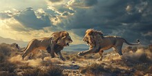 Two Lions Fighting Against Each Other At Sunset